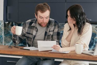 A shocked couple looking at their expenses.